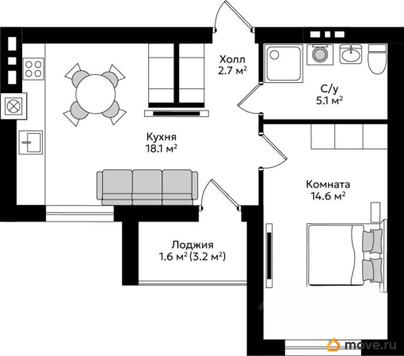 1-комн. квартира, 42.1 м&sup2;