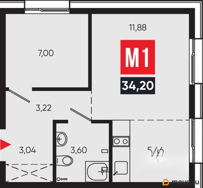2-комн. апартаменты, 34.2 м&sup2;