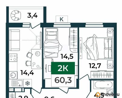2-комн. квартира, 60.3 м&sup2;