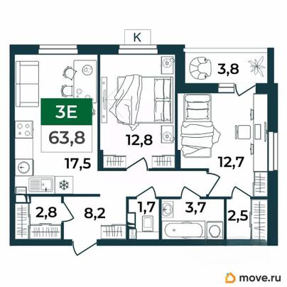 3-комн. квартира, 63.8 м&sup2;