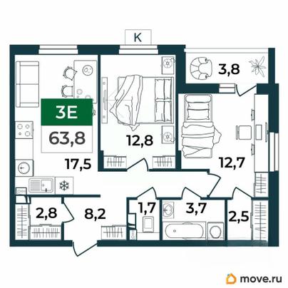 3-комн. квартира, 63.8 м&sup2;