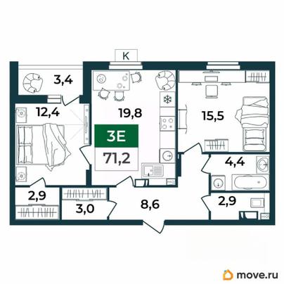 3-комн. квартира, 71.2 м&sup2;