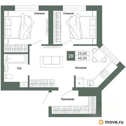 2-комн. квартира, 46.9 м&sup2;
