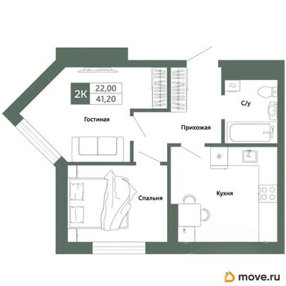 2-комн. квартира, 41.2 м&sup2;