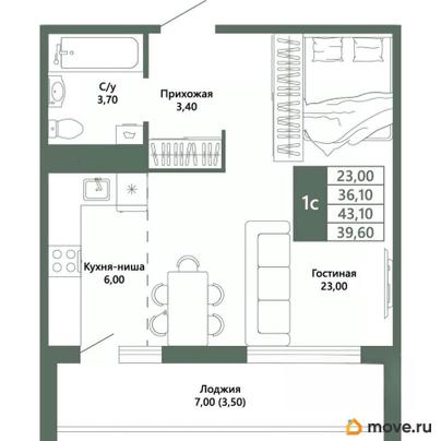 1-комн. квартира, 39.6 м&sup2;