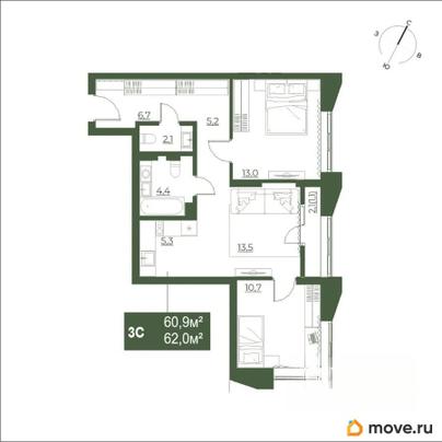 3-комн. квартира, 62 м&sup2;
