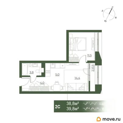 2-комн. квартира, 39.8 м&sup2;