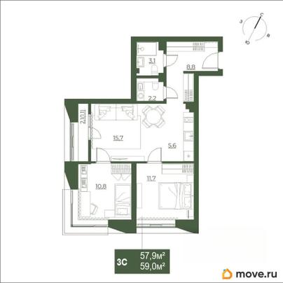 3-комн. квартира, 58.9 м&sup2;