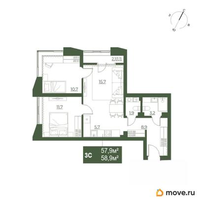 3-комн. квартира, 59 м&sup2;