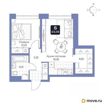 1-комн. квартира, 43.05 м&sup2;