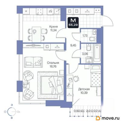 2-комн. квартира, 55.29 м&sup2;