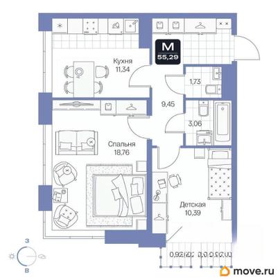 2-комн. квартира, 55.29 м&sup2;