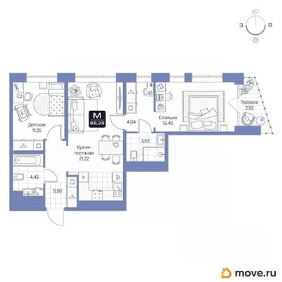 2-комн. квартира, 65.35 м&sup2;