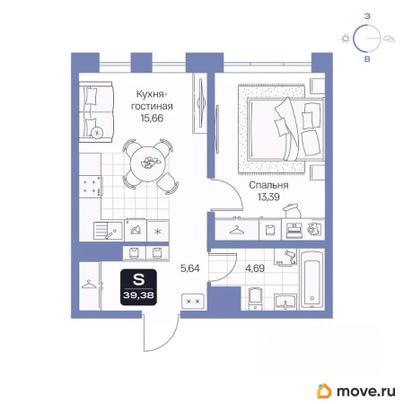 1-комн. квартира, 39.38 м&sup2;