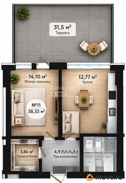 1-комн. квартира, 37.8 м&sup2;