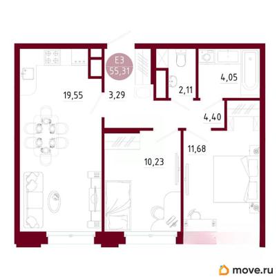 2-комн. квартира, 55.31 м&sup2;