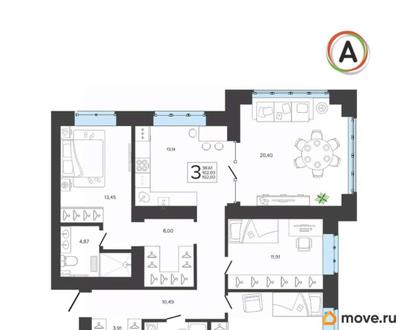 3-комн. квартира, 102 м&sup2;
