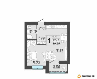 1-комн. квартира, 39.25 м&sup2;