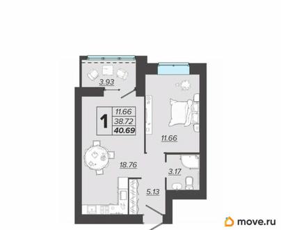 1-комн. квартира, 40.69 м&sup2;