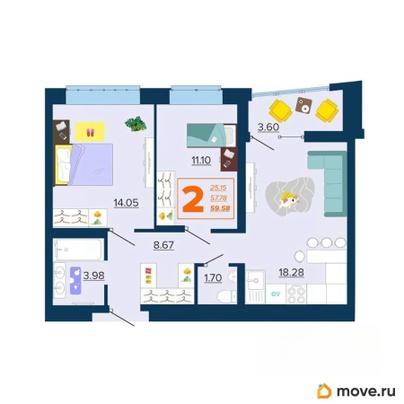 2-комн. квартира, 59.58 м&sup2;
