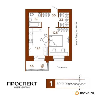 1-комн. квартира, 39.9 м&sup2;