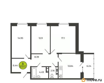 3-комн. квартира, 83.4 м&sup2;