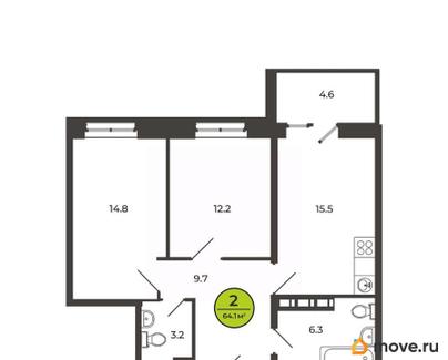 2-комн. квартира, 64.2 м&sup2;