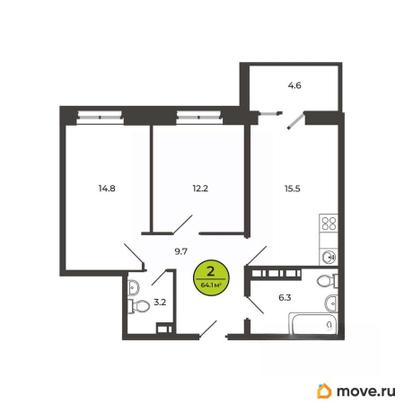 2-комн. квартира, 64.2 м&sup2;