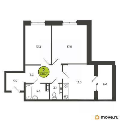 2-комн. квартира, 66.3 м&sup2;