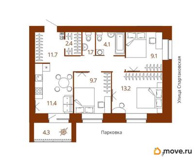 3-комн. квартира, 65.5 м&sup2;
