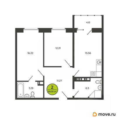 2-комн. квартира, 69.1 м&sup2;