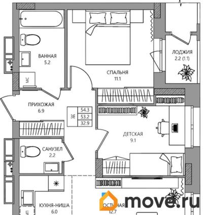 3-комн. квартира, 52.5 м&sup2;