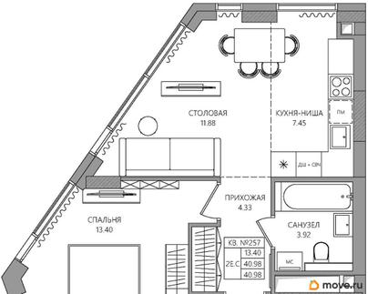 2-комн. квартира, 40.98 м&sup2;
