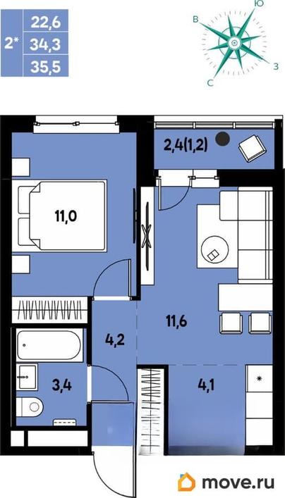 студия, 35.5 м&sup2;