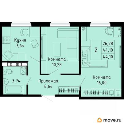 2-комн. квартира, 44.1 м&sup2;