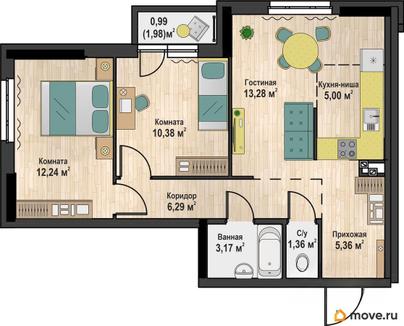 2-комн. квартира, 58.07 м&sup2;