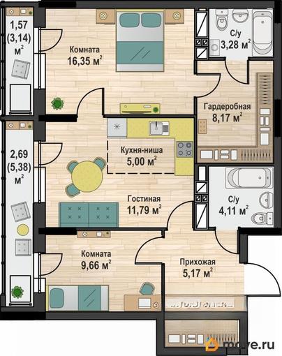 2-комн. квартира, 71.52 м&sup2;