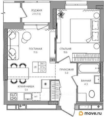 2-комн. квартира, 39.1 м&sup2;