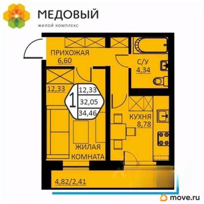 1-комн. квартира, 34.46 м&sup2;