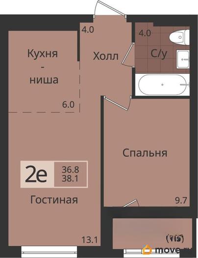 2-комн. квартира, 38.1 м&sup2;