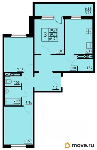 3-комн. квартира, 64.24 м&sup2;