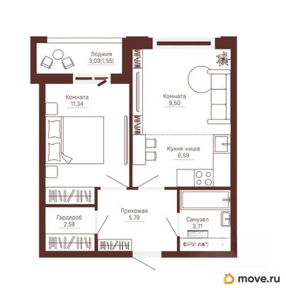 2-комн. квартира, 41.05 м&sup2;