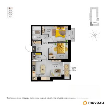 3-комн. квартира, 61.6 м&sup2;