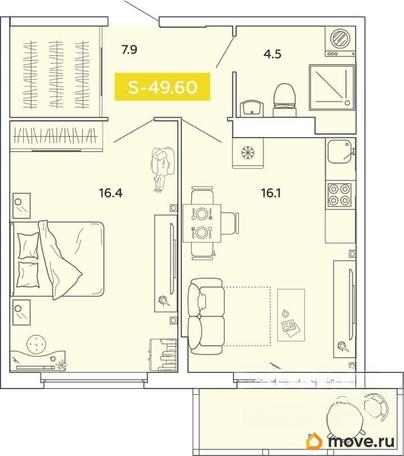2-комн. квартира, 49.6 м&sup2;