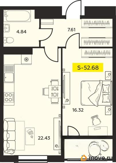 2-комн. квартира, 52.68 м&sup2;