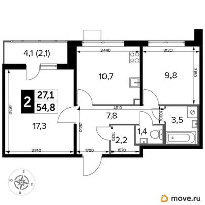 2-комн. квартира, 54.7 м&sup2;