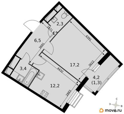 1-комн. квартира, 42.8 м&sup2;