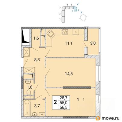 2-комн. квартира, 56.5 м&sup2;