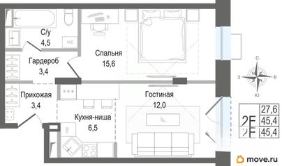 2-комн. квартира, 45.4 м&sup2;