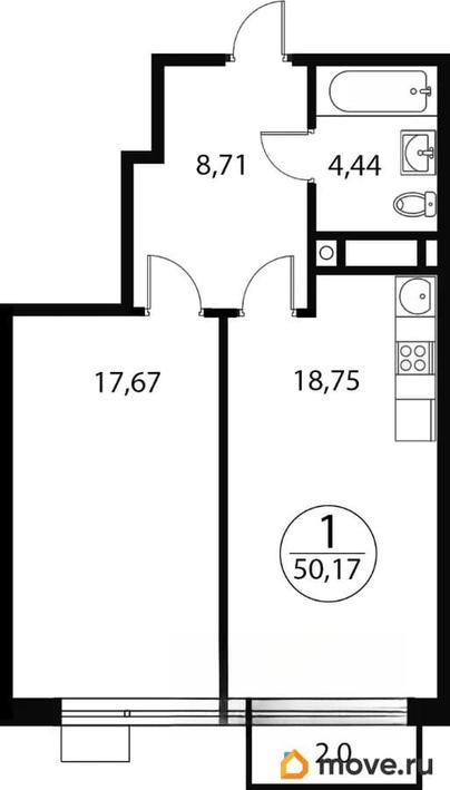 1-комн. квартира, 50.17 м&sup2;
